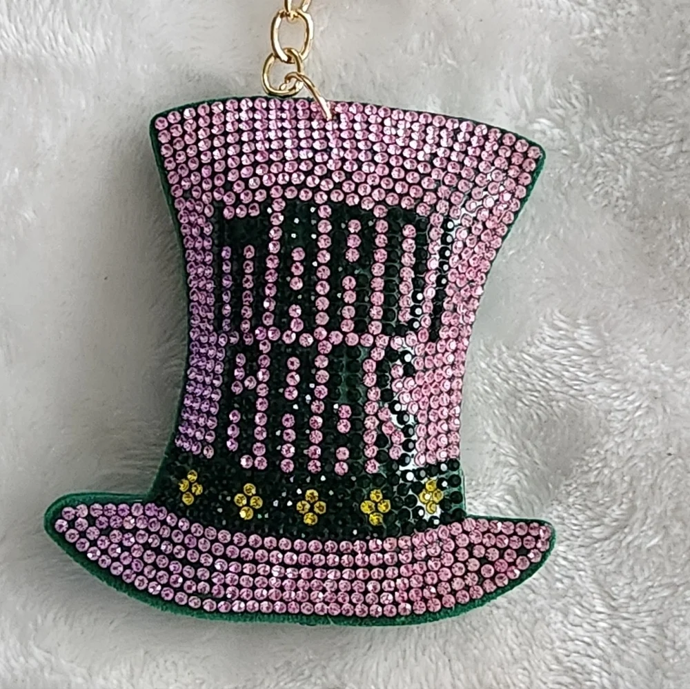 Mardi Gras Pink and Green Hat Keychain with Gold Accents Bag Charm